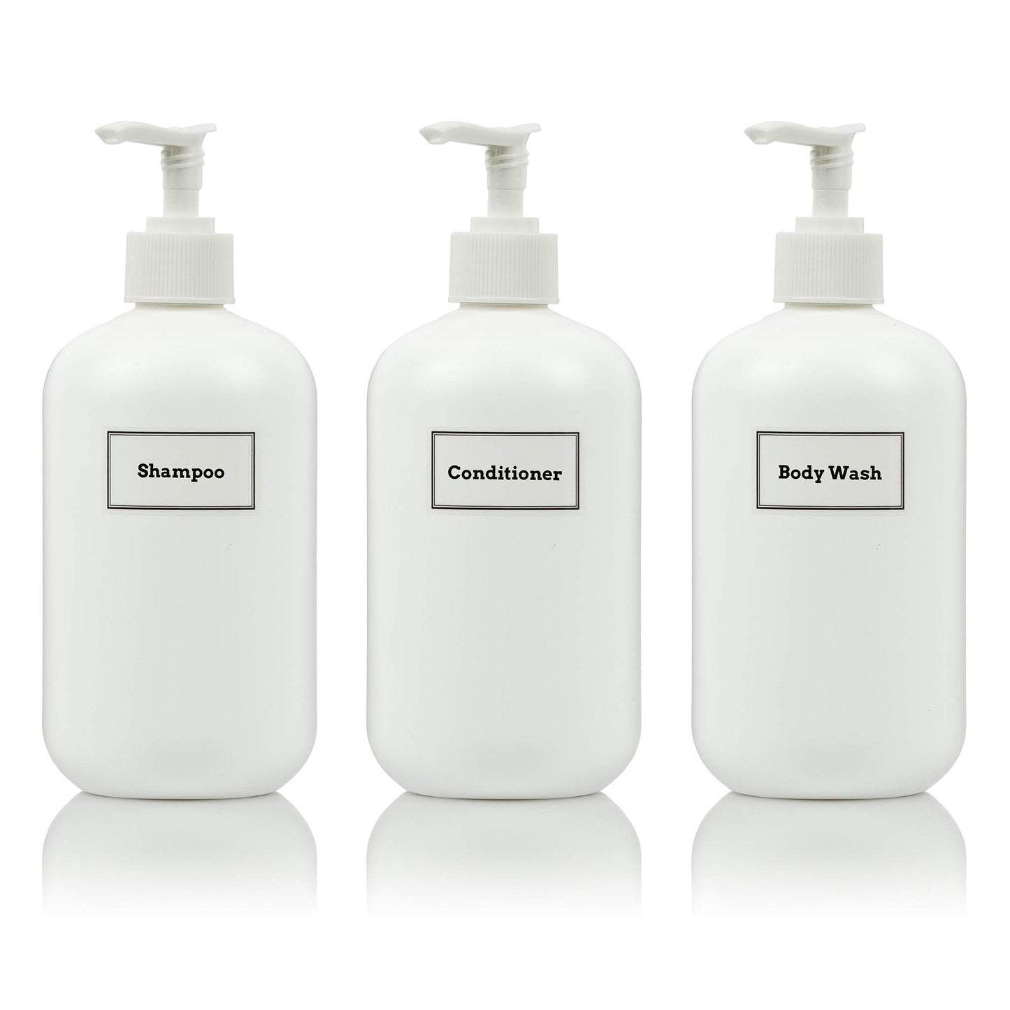 Artanis Home Plastic Bottles Including White Pumps and Customized Waterproof Labels, 16 oz. Squat Boston Round 3-Pack, White