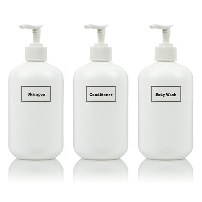 Artanis Home Plastic Bottles Including White Pumps and Customized Waterproof Labels, 16 oz. Squat Boston Round 3-Pack, White