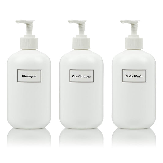 Artanis Home Plastic Bottles Including White Pumps and Customized Waterproof Labels, 16 oz. Squat Boston Round 3-Pack, White