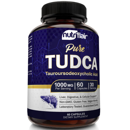 NutriFlair Pure TUDCA 1000mg - Premium Tauroursodeoxycholic Acid Bile Salts, Detox & Cleanse, Non-GMO, Gluten-Free. Liver, Kidney & Gallbladder Support- Made in USA, 60 Capsules