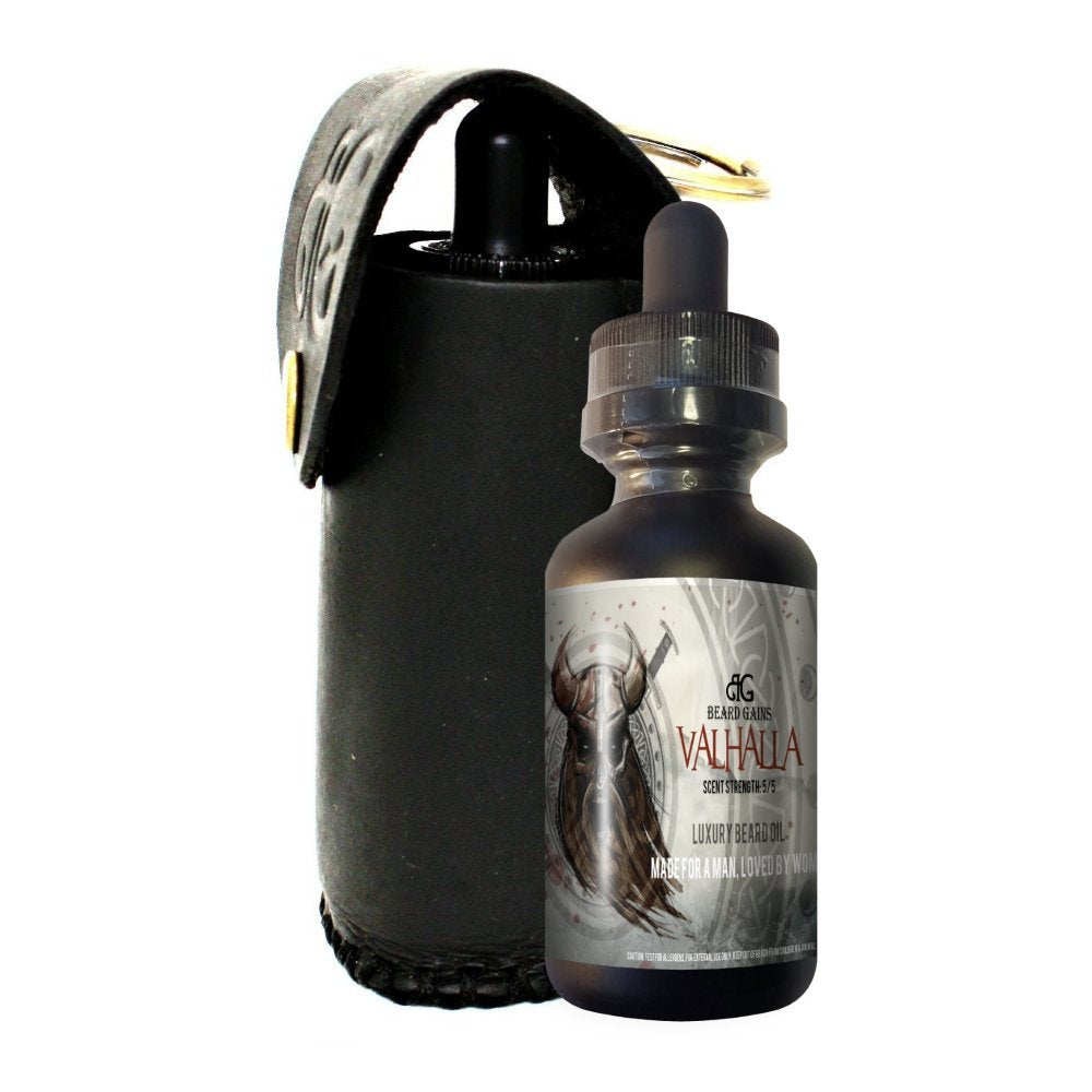 Valhalla 1oz Scented Beard Oil W/Leather Carrying Key Chain Case by BEARD GAINS, Made with Natural and Organic Ingredients, Condition & Grooms Facial Hairs and Moisturize Skin