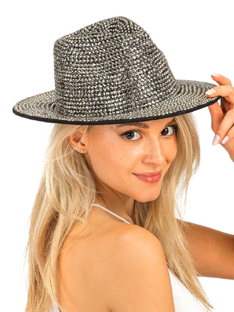 2Chique Boutique Women's Extra Bling Rhinestone Embellished Wide Brim Fedora Hat, Gunmetal