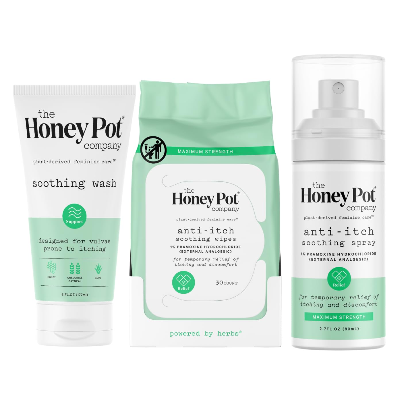 The Honey Pot Company - Anti-Itch Soothing Wash, Wipes & Anti-Itch Spray Bundle - At Home or On the Go Wash & Medicated Wipes & Spray to Relieve Itching & Discomfort - Maximum Strength - Feminine Care