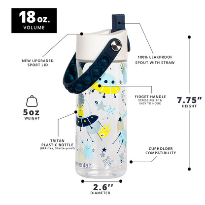 Elemental Leak Proof Water Bottles for Kids - Splash Kids Water Bottle for School with Pop-it Handle - BPA Free Tritan Plastic Reusable Water Bottle with Straw - Alien Invasion - 18oz