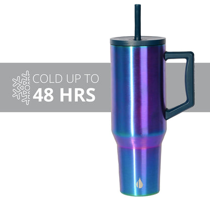 Elemental 40 oz Tumbler with Handle and Straw - Spill Proof Insulated Stainless Steel Commuter for Hot and Cold Beverages - Travel Coffee Mug with 2 Straws & Spill Proof Lid - 40oz - Iridescent