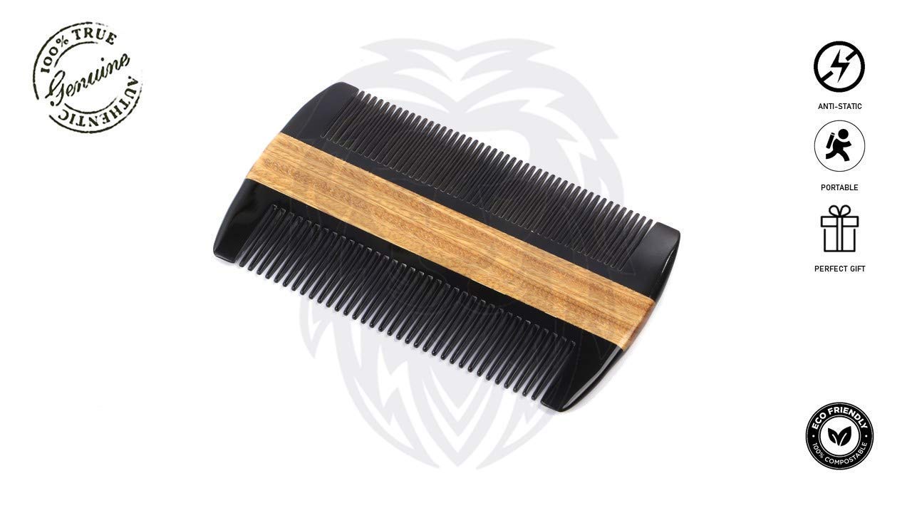 Premium Natural Ox horn and Sandalwood Beard Comb Dual-Action | Double Sided Beard & Mustache Comb with Black Protective Case | Perfect Grooming Companion & Gift for Men – by Man & Mane