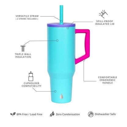 Elemental 40 oz Tumbler with Handle and Straw - Spill Proof Insulated Stainless Steel Commuter for Hot and Cold Beverages - Travel Coffee Mug with 2 Straws & Spill Proof Lid - 40oz - Blue Tie Dye