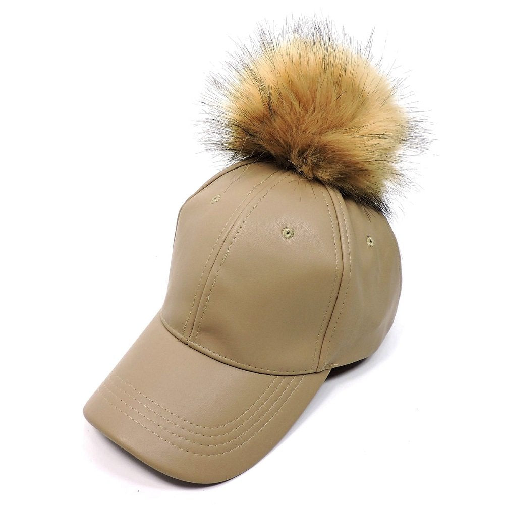 2Chique Boutique Women's Faux Leather Snap Off Pom Pom Hat (Beige)