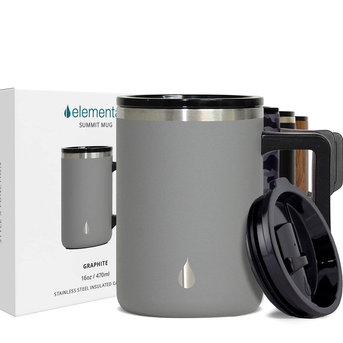 Elemental Insulated Coffee Mug - Triple-Wall Stainless Steel Summit Travel Cup for Hot and Cold Drinks - Thermal Coffee Mug with Lid and Handle for Camping, Office & Travel 16oz - Graphite