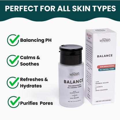 Minimo Balance Skin Brightening + Oil Control Daily Facial Toner - Hydrate & Detox Skin & Even Skin Tone - with Witch Hazel & Bamboo Water - Alcohol Free 4 oz