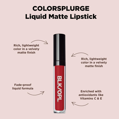 Black Opal BLK/OPL COLORSPLURGE Liquid Matte Lipstick, Berry Red — long-lasting, enriched with Vitamins C & E, paraben-free, cruelty-free