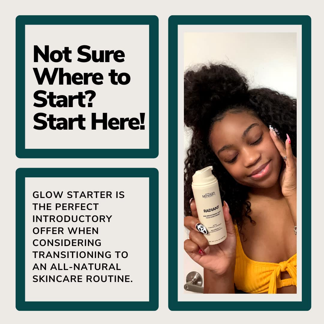 Minimo Skin Essentials Glow Starter Pack for Dull, Uneven Skin Tone Promotes a Glowing Complexion 3 Full Size Products, Applicator, & Makeup Bag Included