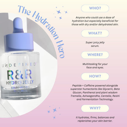 Undefined Beauty R&R Hydro Jelly Face + Eye Serum infused with Peptides, Hyaluronic Acid, Ashwagandha, Centella, Vegan Alternative to Snail Mucin for Dry Dehydrated Skin