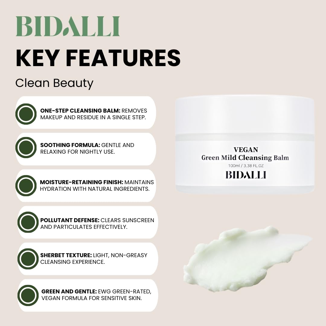 BIDALLI Vegan Green Mild Cleansing Balm – Non-Irritating Korean Makeup Remover & Hydrating Facial Wash for All Skin Types - 100% Vegan, Clean & Cruelty-Free Beauty (100ml / 3.38 Fl. Oz.)