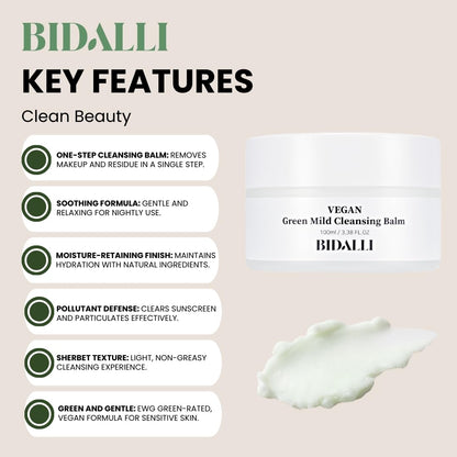 BIDALLI Vegan Green Mild Cleansing Balm – Non-Irritating Korean Makeup Remover & Hydrating Facial Wash for All Skin Types - 100% Vegan, Clean & Cruelty-Free Beauty (100ml / 3.38 Fl. Oz.)