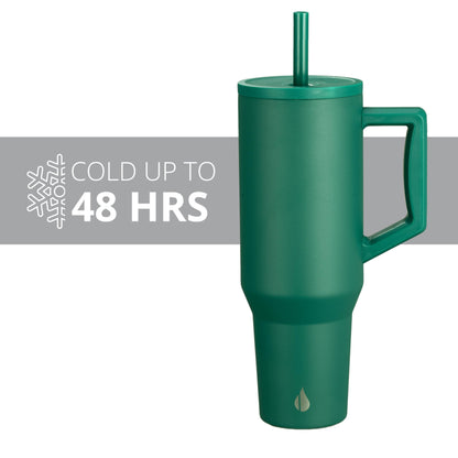 Elemental 40 oz Tumbler with Handle and Straw - Spill Proof Insulated Stainless Steel Commuter for Hot and Cold Beverages - Travel Coffee Mug with 2 Straws & Spill Proof Lid - 40oz - Forest Green