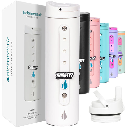 Elemental Iconic Kids Water Bottle with Straw Lid & Charms Strap, Leak-Proof When Closed, Triple Insulated Stainless Steel Reusable Thermos Water Bottle - 20oz, White