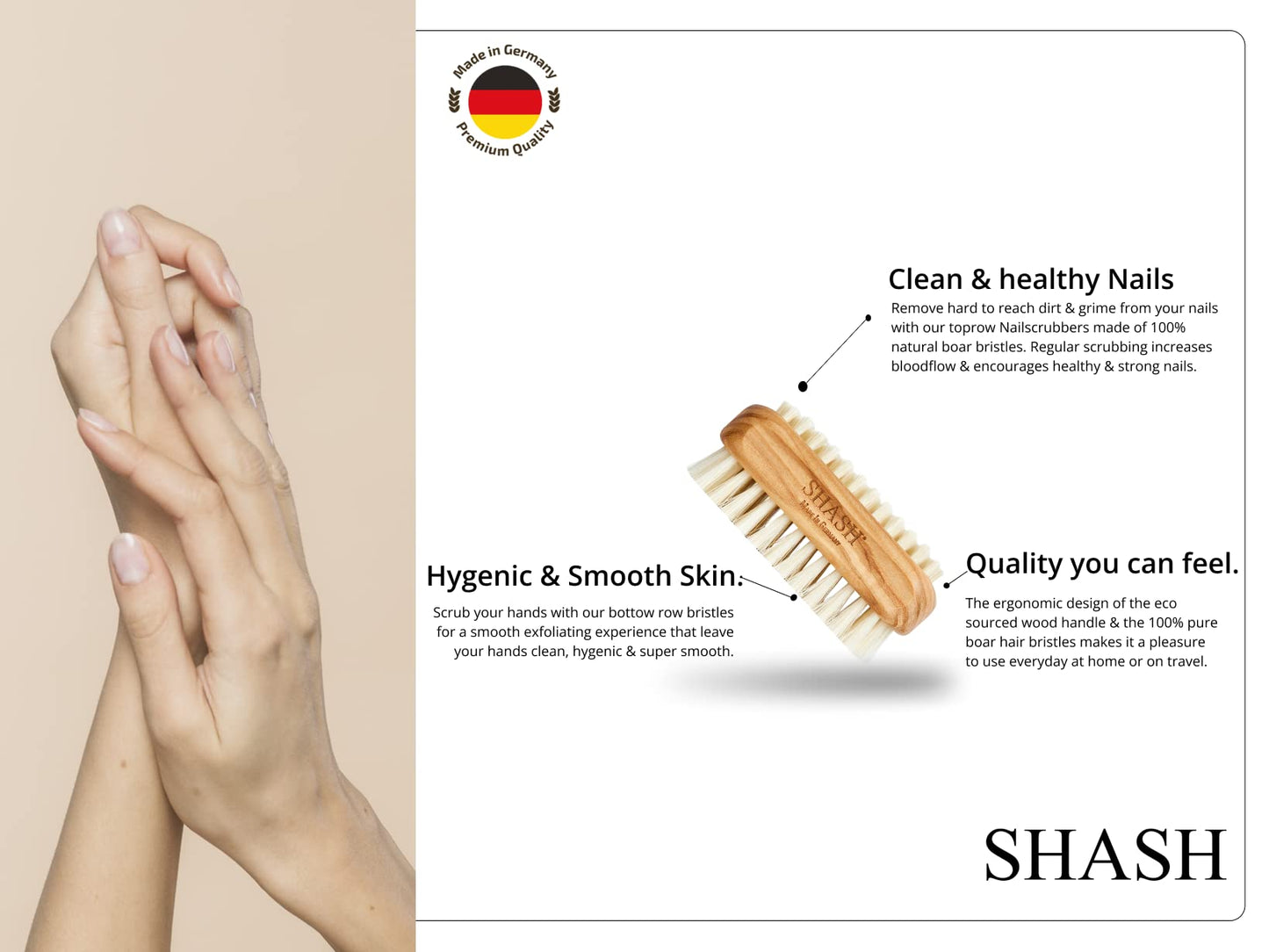 Since 1869 Hand Made in Germany - Natural 100% Natural Boar Bristle Nail Brush - Gently Removes Dirt and Grime for Clean Hands - Exfoliates Skin for Soft, Smooth Texture, Wood (Olive)