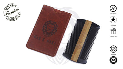 Premium Natural Ox horn and Sandalwood Beard Comb Dual-Action | Double Sided Beard & Mustache Comb with Brown Protective Case | Perfect Grooming Companion & Gift for Men – by Man & Mane