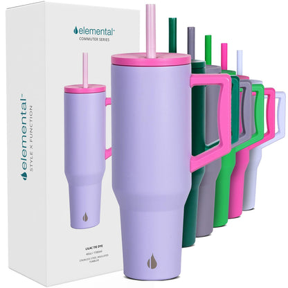 Elemental 40 oz Tumbler with Handle and Straw - Spill Proof Insulated Stainless Steel Commuter for Hot and Cold Beverages - Travel Coffee Mug with 2 Straws & Spill Proof Lid - 40oz - Lilac Tie Dye
