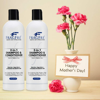 FRAGFRE 2 in 1 Shampoo and Conditioner 12 oz (2-Pack Gift Set) - Fragrance Free Conditioning Shampoo for Short to Medium Hairs - Color Safe - Sulfate Free Cleansing Conditioner for Sensitive Skin