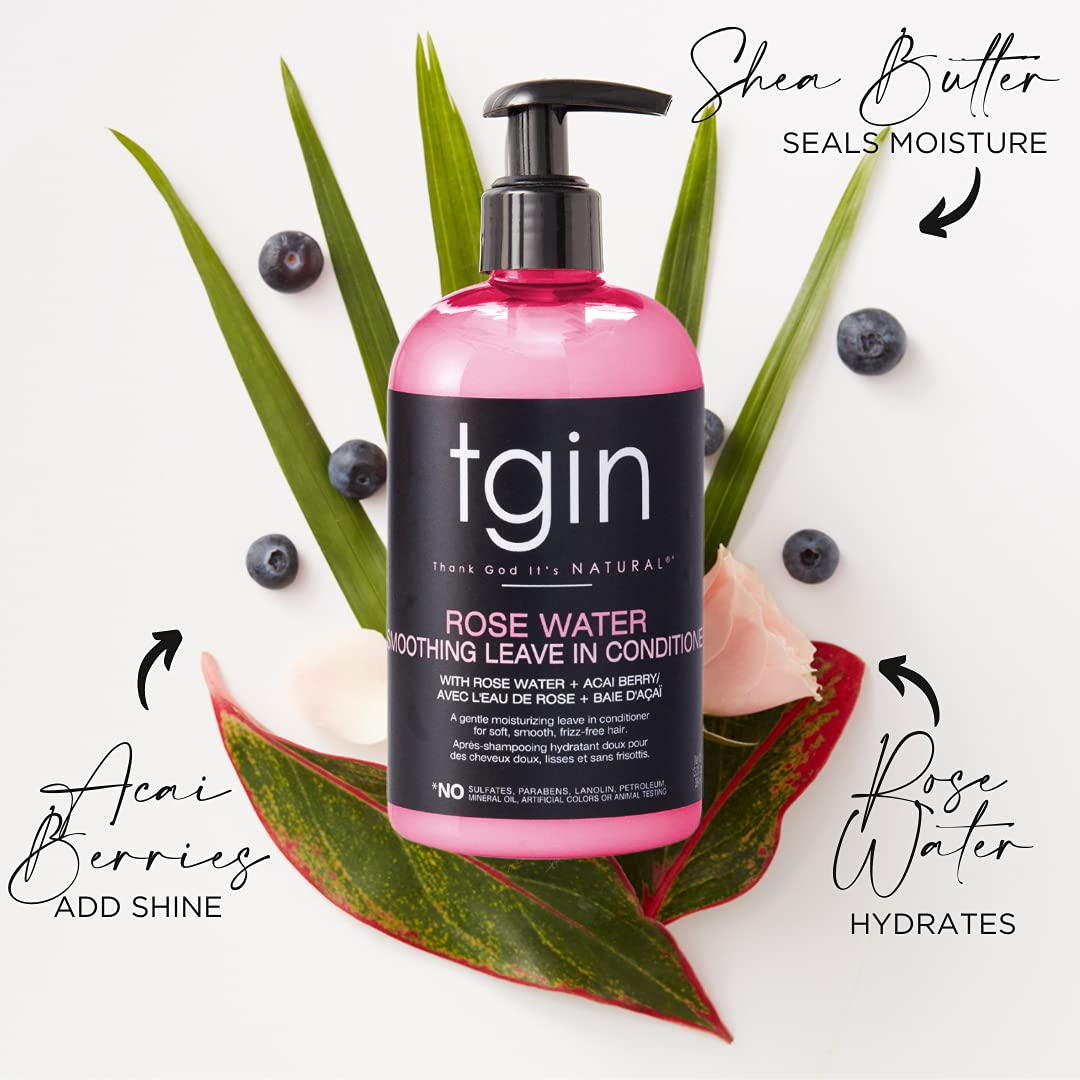 tgin Rose Water Smoothing Leave In Conditioner for Curly, Coily and Wavy Hair, with Acai Berries, Moisturizes and Detangles Dry, Brittle Hair, 13 oz