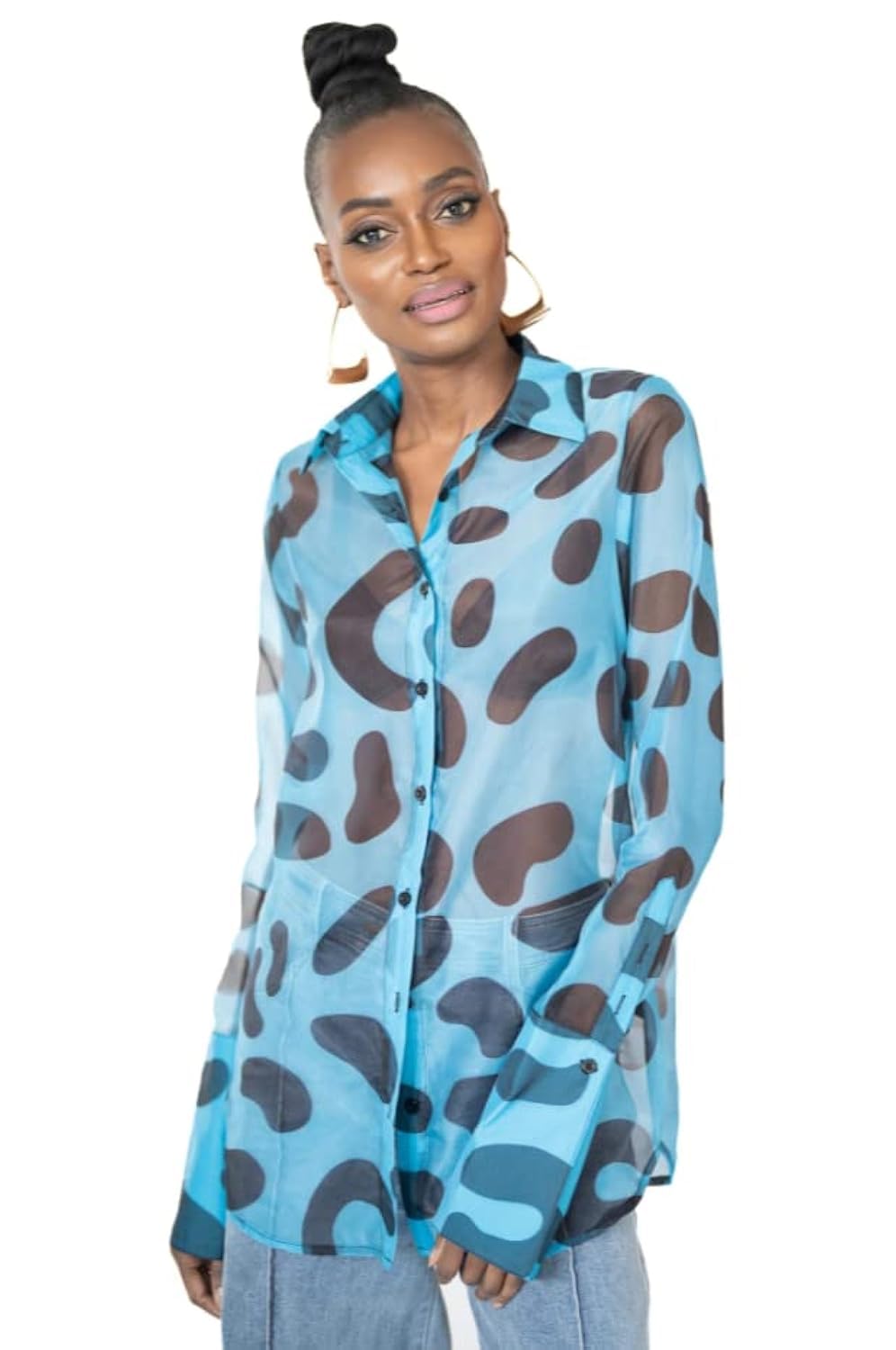 Pantora Women's Latisha Organza Button Up, Blue Leopard, Medium