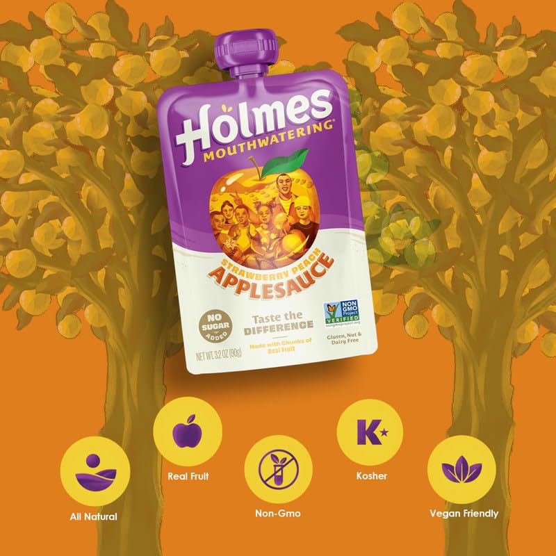 Holmes Mouthwatering Applesauce, Applesauce Squeeze Pouch, Organic Strawberry Applesauce Pouches with Real Chunks of Fruit, No Artificial Flavors Fruit Snack (Strawberry Peach, 12 Pack of 3.2 oz)