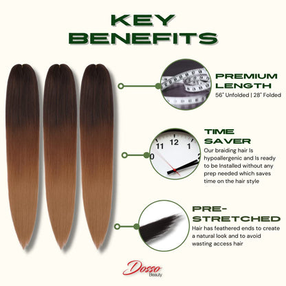 Dosso Beauty 3 Pack Hypoallergenic Pre-Stretched Braiding Hair, 28 Inches, Itch-Free, Fast Drying, Hot Water Set, Light-weight-85g, Synthetic, Natural Looking color- (#2)