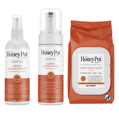 The Honey Pot Company - Feminine Wash, Wipe, and Panty Spray Bundle - Includes Ph Balance Feminine Wash and Wipes for Women and Panty Spray - Herbal Infused Feminine Care Products - Amber Sandalwood