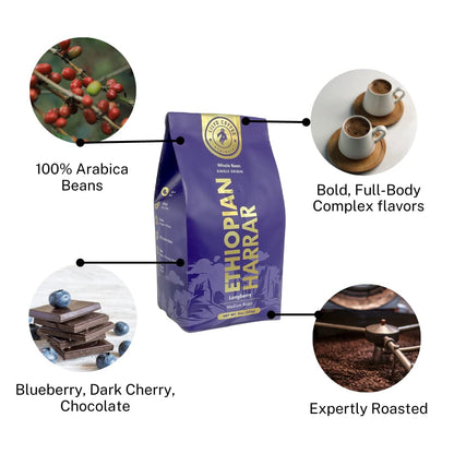 Lily's Coffee Ethiopian Harrar, Natural Process, Whole Bean, Single-Origin, Medium Roast,100% Arabica Beans, Notes of Blueberry, Dark Chocolate and Soft spice, 8oz Bag