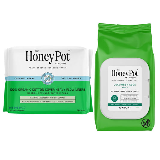 The Honey Pot Company - Heavy Liners & Cucumber Aloe Feminine Wipes Bundle - Pads Infused w/Essential Oils - Natural Hygiene Feminine Products - Sanitary Pads - Feminine Care - FSA & HSA Eligible