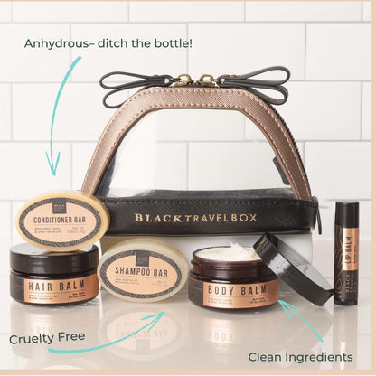 BLACKTRAVELBOX Carry On Starter Kit - 5 Travel-size Beauty Essentials, Shampoo, Conditioner, Body Lotion, Hair Balm, Lip Balm, TSA Friendly