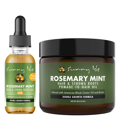 Sunny Isle Rosemary Mint Hair and Strong Roots Oil Lite 2oz, Pomade-To-Hair-Oil 5oz Bundle | For Light, Thin Hair | Infused with Biotin & Jamaican Black Castor Oil
