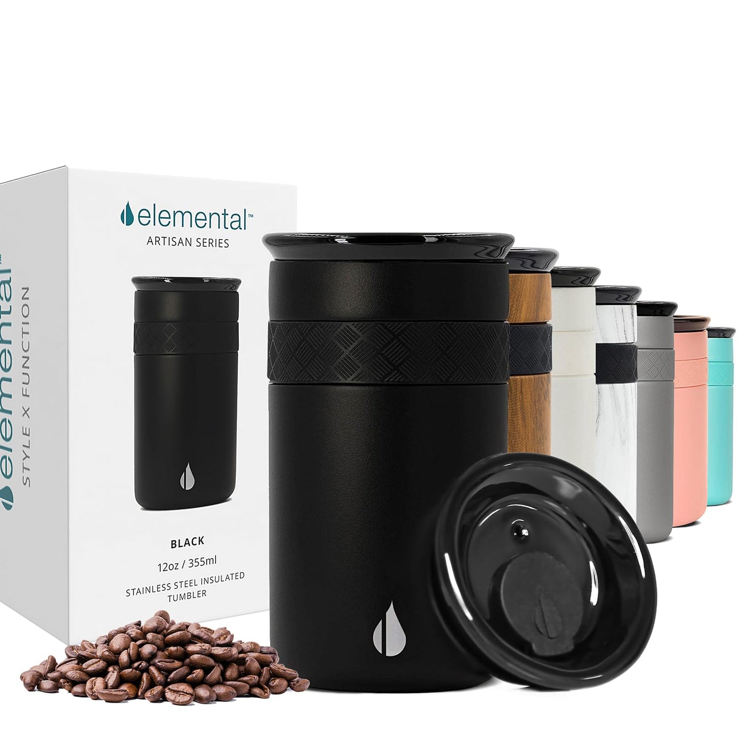 Elemental Artisan Insulated Tumbler, Triple Wall Coffee Travel Mug, Reusable Stainless Steel Coffee Tumbler with Ceramic Lid, Thermal Coffee Cups for Hot (6 Hrs) & Cold (18 Hrs), 12oz - Matte Black