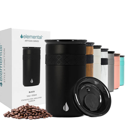 Elemental Artisan Insulated Tumbler, Triple Wall Coffee Travel Mug, Reusable Stainless Steel Coffee Tumbler with Ceramic Lid, Thermal Coffee Cups for Hot (6 Hrs) & Cold (18 Hrs), 12oz - Matte Black