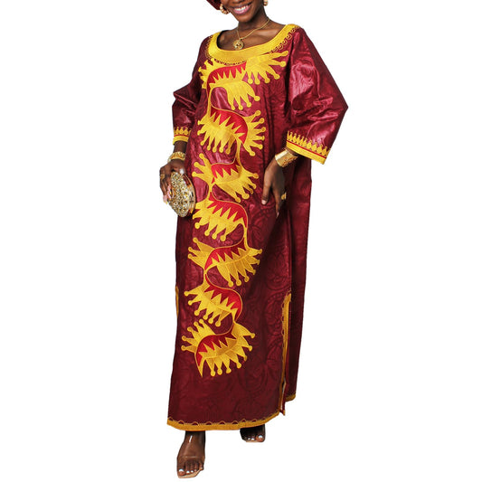 TIDOIRSA African Dresses for Women,Bazin Riche Wedding Dress Embroidery Party Dress with Scarf Boubou (3XL, Maroon)