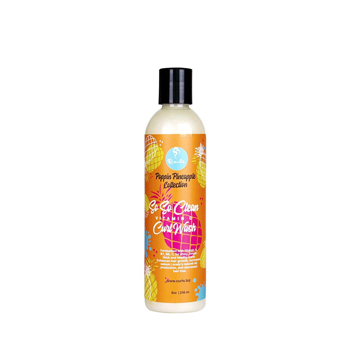 Curls Poppin Pineapple So So Clean Vitamin C Wash - Rejuvenating, Hydrating, and Cleansing - Hair and Scalp Shampoo - For Wavy, Curly, and Coily Hair Types, 8 Ounces