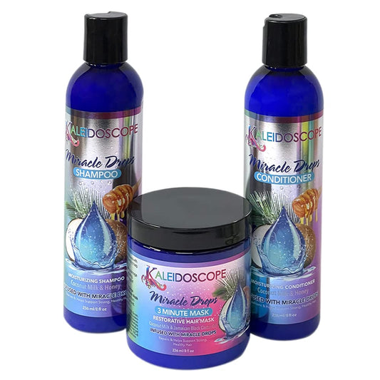 Kaleidoscope - Miracle Drops Collection – Coconut Milk, Honey & Aloe Vera, Rice Water Moisturizing Blend – Shampoo, Conditioner & 3 Minute Mask - Hair Care Styling Bundle 3 Pcs Set