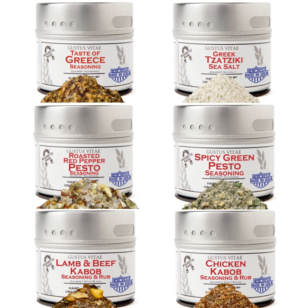 Greek Seasoning Gift Set | Tastes of Greece | Artisanal Spice Blends Six Pack | Non GMO, All Natural | No MSG, Gluten, Soy, Nuts | Small Batch, Hand Made Seasonings | No Artificial Ingredients, Ultra Premium | Made in USA | GLP-1 Friendly | Magnetic Tins