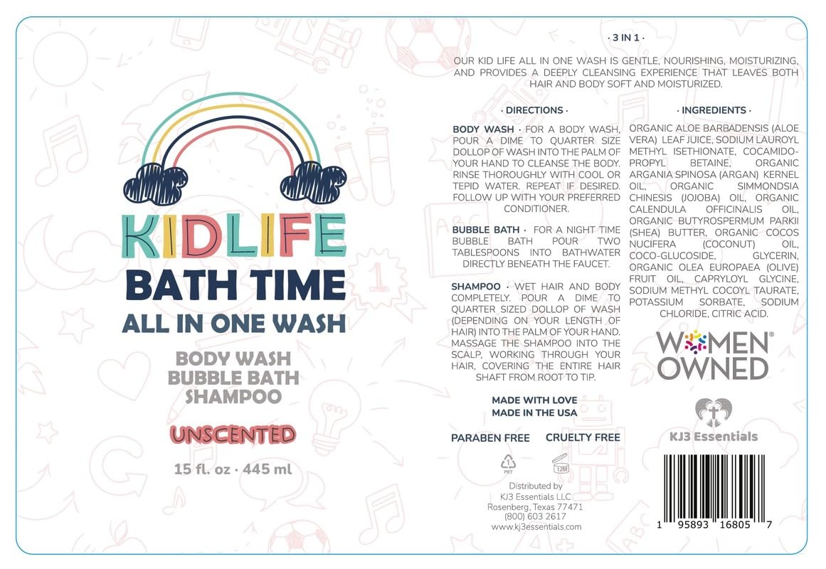 KJ3 Essentials Kidlife Natural Bath Time 3 In 1 Shea & Organic Aloe Body Wash Kids Head to Toe All in one Bath and body Soap. Bubble Bath, Bodywash and Shampoo (Unscented Soap, 15 oz)