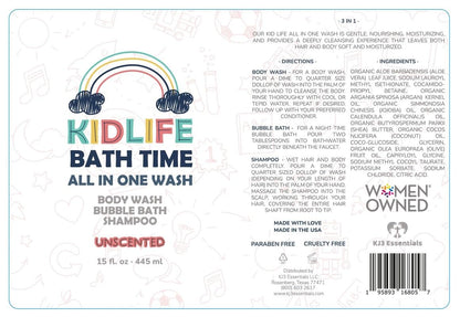 KJ3 Essentials Kidlife Natural Bath Time 3 In 1 Shea & Organic Aloe Body Wash Kids Head to Toe All in one Bath and body Soap. Bubble Bath, Bodywash and Shampoo (Unscented Soap, 15 oz)