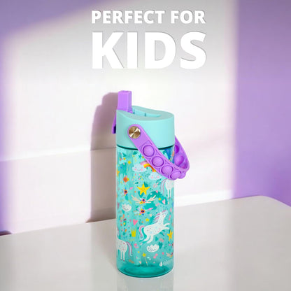 Elemental Leak Proof Water Bottles for Kids - Splash Kids Water Bottle for School with Pop-it Handle - Tritan Plastic Water Bottle with Straw - Unicorn & Rose - 18oz (2 Pack)