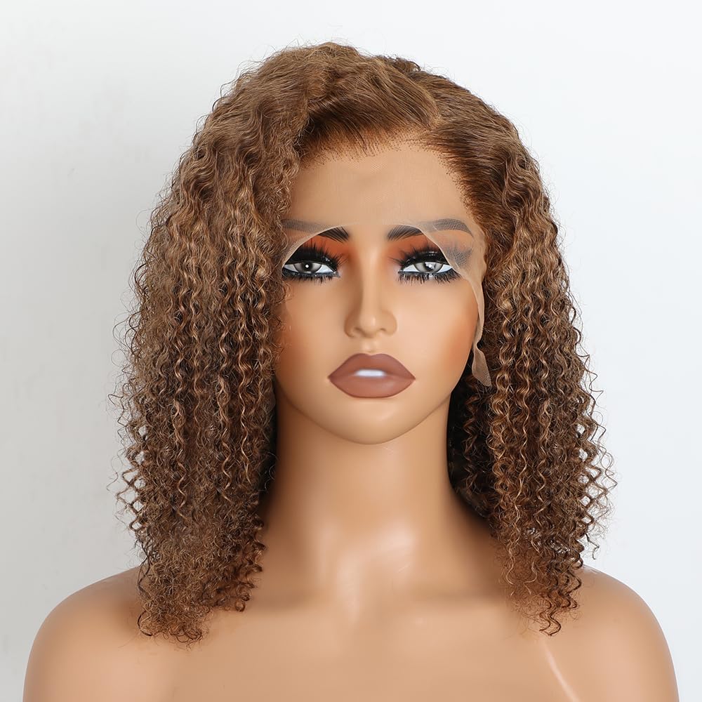 BLY Hihglight Afro Kinky Curly Bob Wigs C Part 13x6 HD Lace Front Wig 14 Inch Pre Plucked Thick Short Curly Bob Hair 4/27 Ombre Colored Wig for Women 180 Density