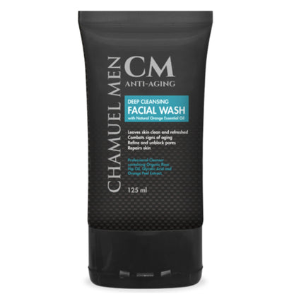 CHAMUEL MEN Anti-Aging Face Cleanser - Deep Cleaning & Exfoliating Mens Face Wash Fights Acne & Wrinkles w/Organic Rose Hip, Aloe & Glycolic Acid for Oily, Dry, Sensitive or Combination Skin, 125ml.