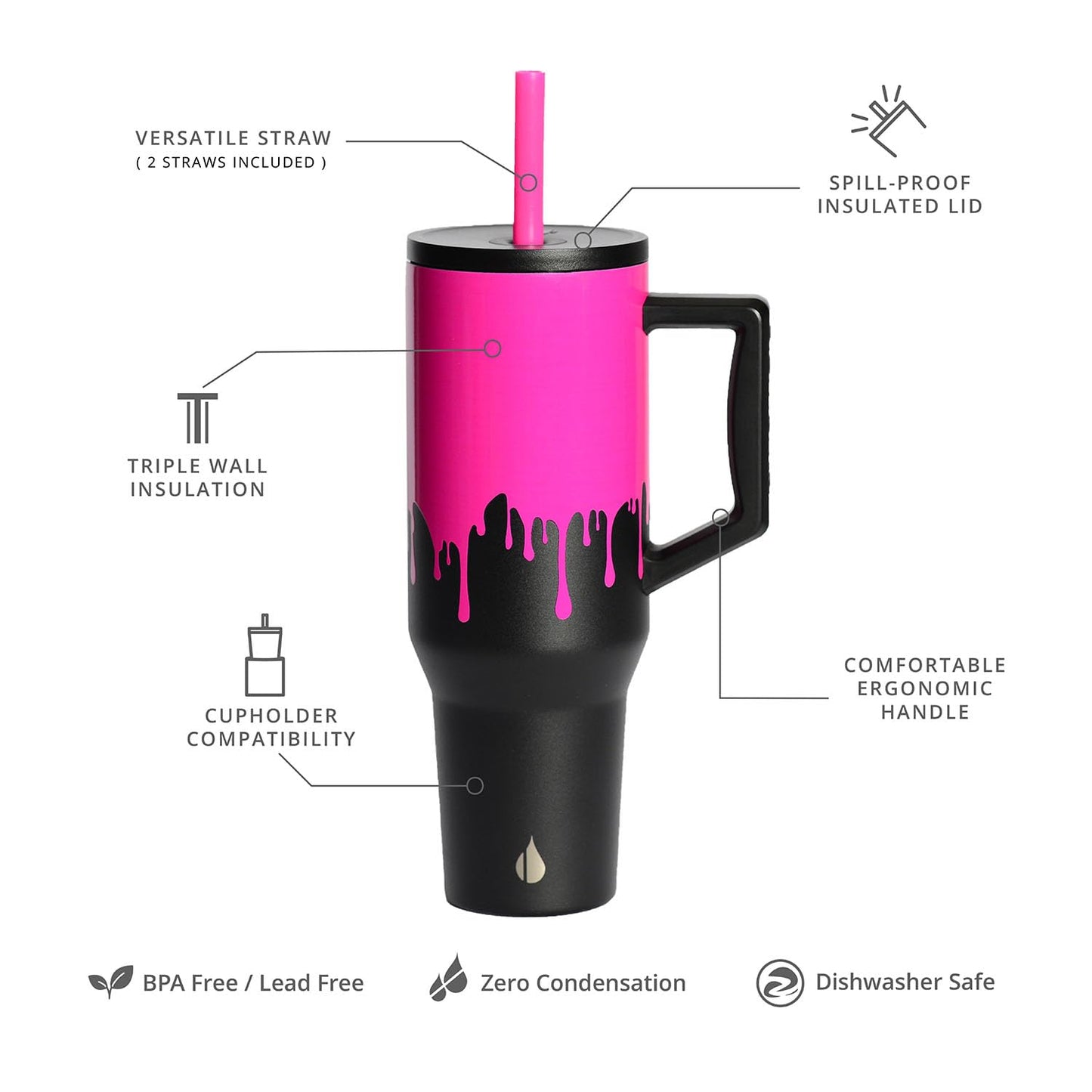 Elemental 40 oz Tumbler with Handle and Straw - Spill Proof Insulated Stainless Steel Commuter for Hot and Cold Beverages - Travel Coffee Mug with 2 Straws & Spill Proof Lid - 40oz - Hot Pink Drip