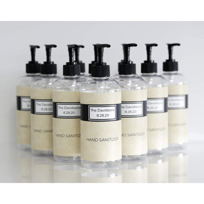 Artanis Home 10-Pack Customized PET Plastic Refillable Pump Bottles with Black and Tan Design Waterproof Labels and Black Pumps, Clear