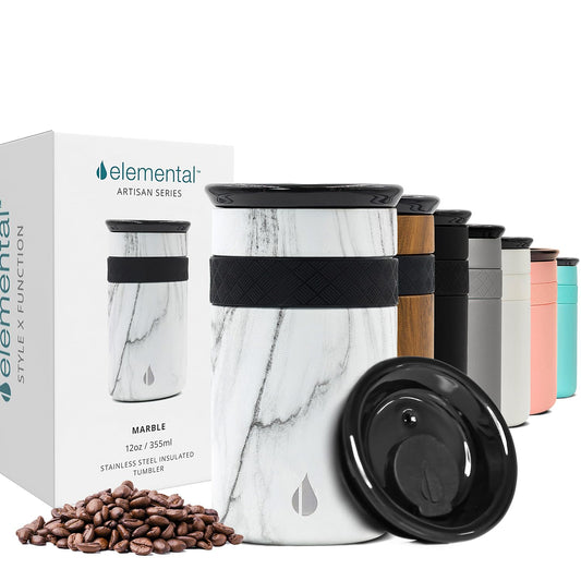Elemental Artisan Insulated Tumbler, Triple Wall Coffee Travel Mug, Reusable Stainless Steel Coffee Tumbler with Ceramic Lid, Thermal Coffee Cups for Hot (6 Hrs) & Cold (18 Hrs), 12oz - White Marble