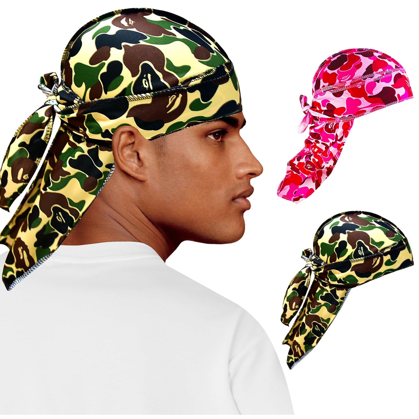 2Pcs Silk Durag for Men Designer Durag Silky Camouflage Cap Rags Hip Hop Turban Man Doorag Hair Wrap for Sleeping Dorag