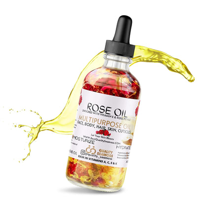 Multipurpose Rose Oil, Moisturizing Hair & Body Oil, Vitamin E Oil with Apricot, Sweet Almond & Bergamot Essential Oils for Skin, USA-Made Body & Face Oil for Dry Skin, Scalp & Nails, 2.2 oz